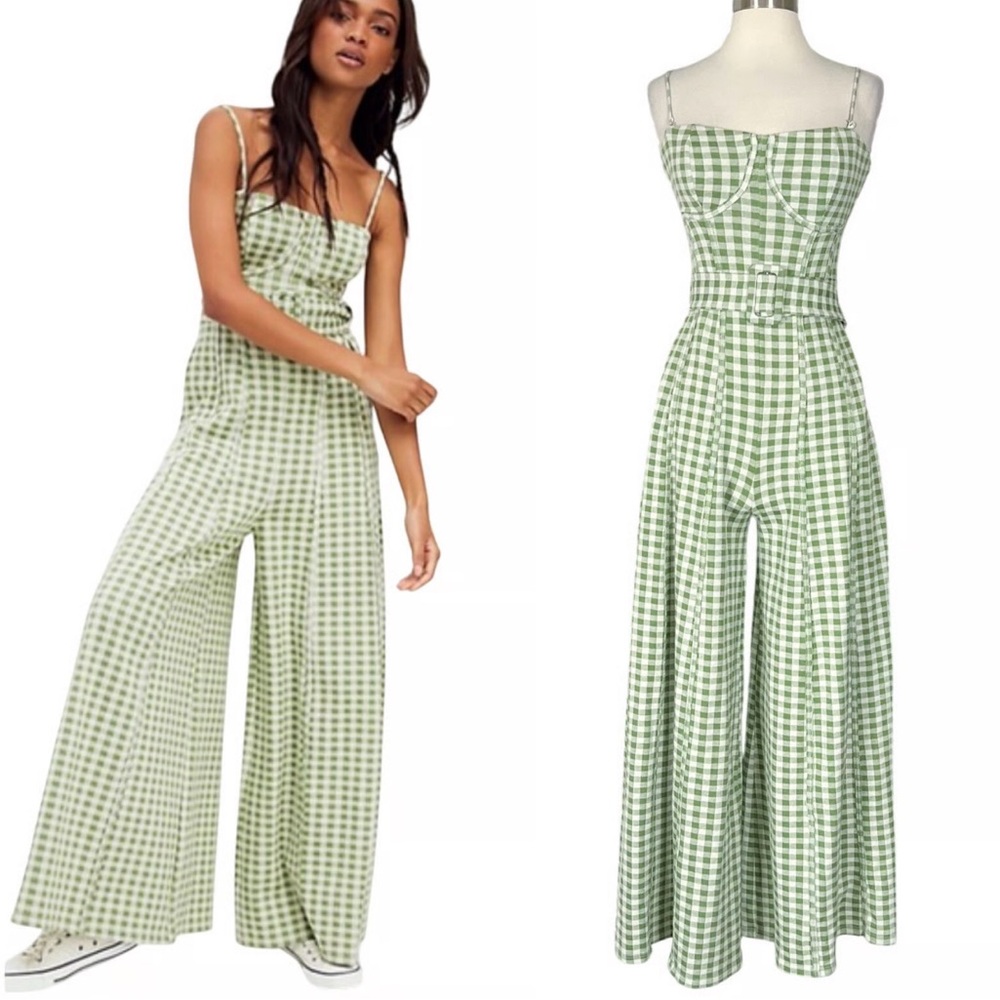 Free People Hold Me Tight Jumpsuit Green Combo Gingham Belted Wide Leg Sz L